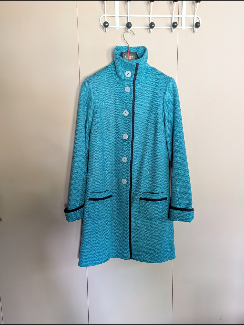 AVICA Teal Stand-Collar Pea Coat with Contrast Trim